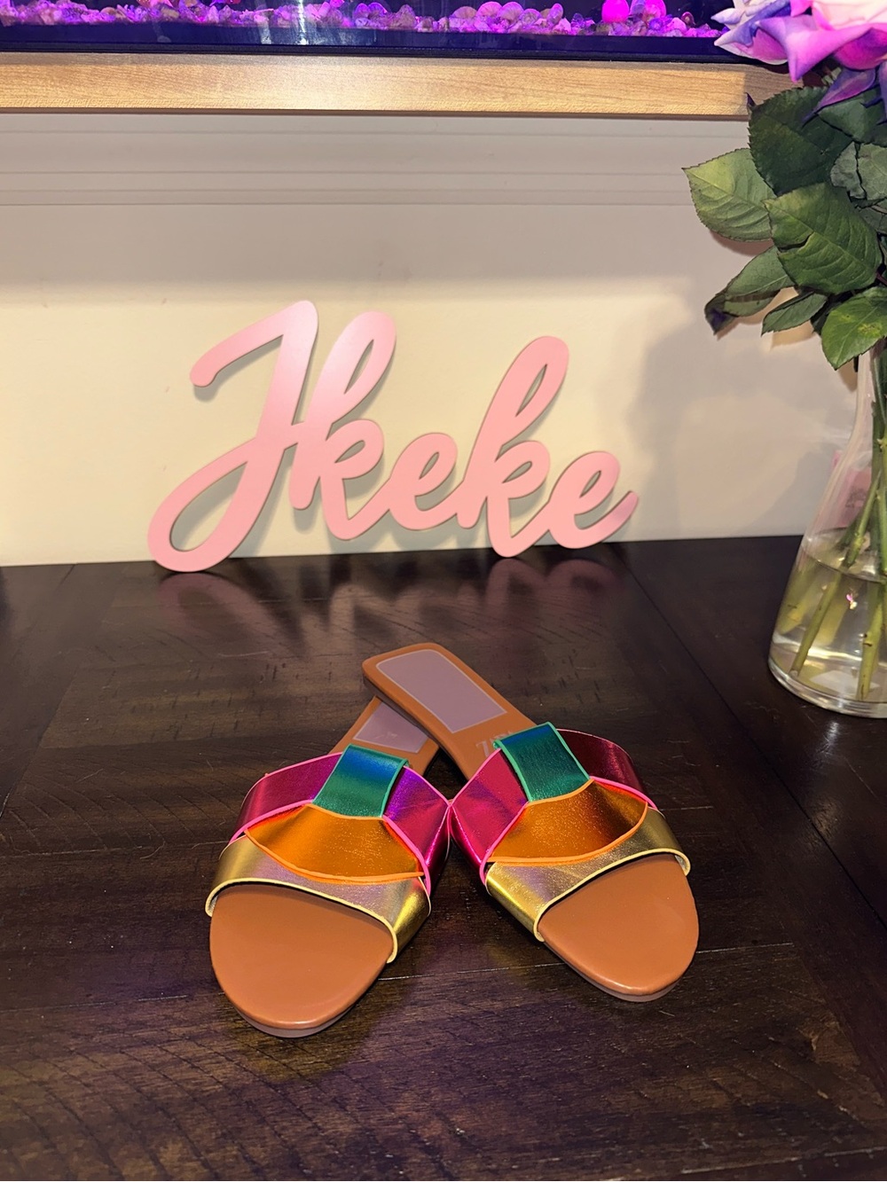 Multicolor Metallic Braided Slide Sandals - Brown Footbed size 7, 9, 10, 11